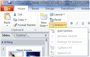 Sektionen in der Multifunktionsleiste von Powerpoint 2010
