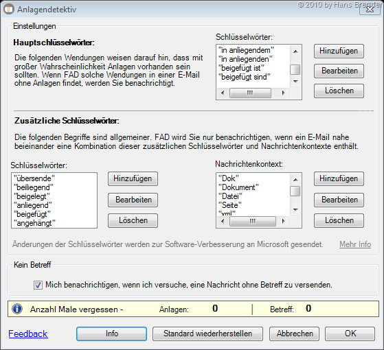 Anlagendetektiv - Konfiguration Schlüsselwörter