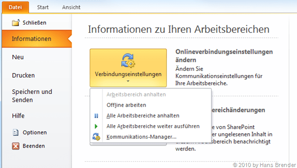 Backstage, Verbindungseinstellungen, Kommunikations-Manager