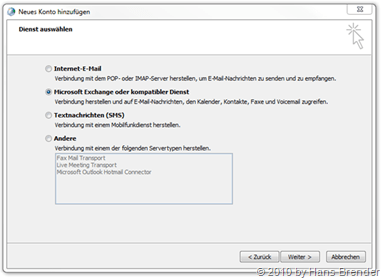 Dienst auswählen: Microsoft Exchange oder kompatibler Dienst 