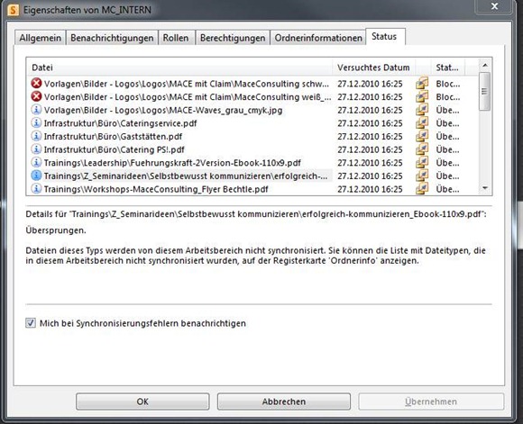 SharePoint Workspace 2010: Synchronisationfehler: Status