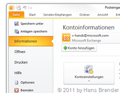 Outlook 2010: Backstage: Kontoinformationen