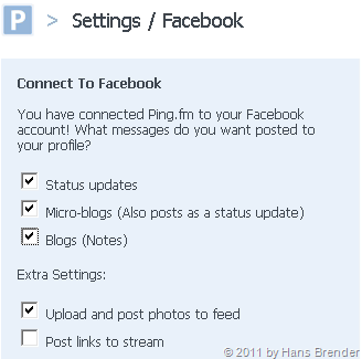Einstellungen in ping.fm zu facebook
