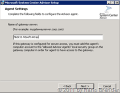 System Center Advirsor Agent Setup: Es wird nach dem Gateway gefragt