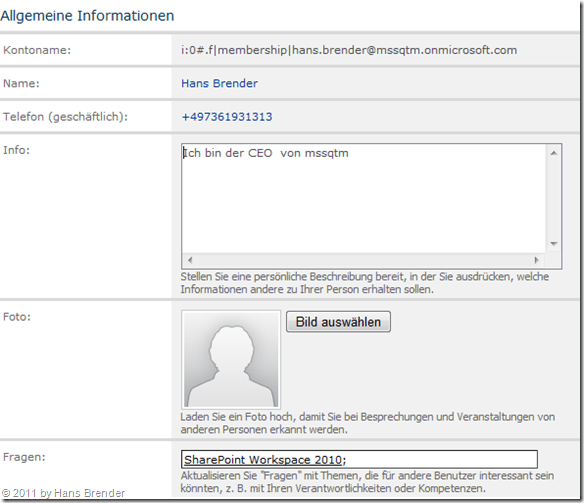 Office 365: SharePoint Online: Meine Website: Profildaten ändern: Bild auswählen