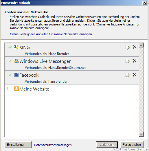 Outlook 2010: Einstellungen zu sozialen Netzwerken