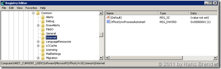 Regedit: HKEY_CURRENT_USER\Software\Microsoft\Office\14.0\Common\Internet