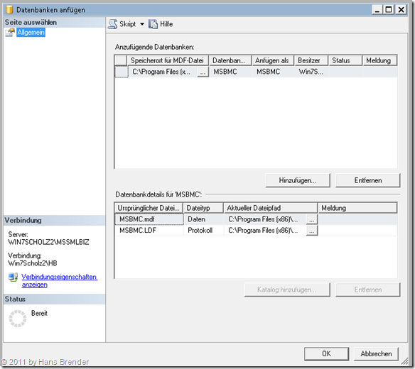 Auswahl der Dateien zum Anfügen der Datenbank