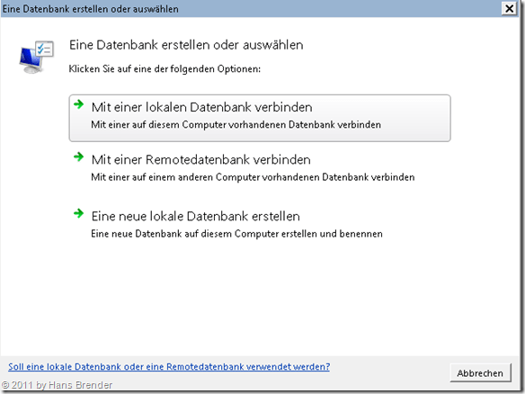 Auswahl der BCM Datenbank in Outlook 2010