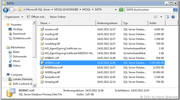 Kopieren der mdf und ldf Dateien ins Zielsystem