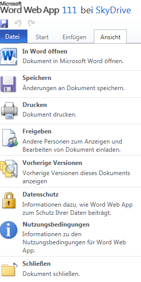Unterschied: Word Web App  in Skydrive: