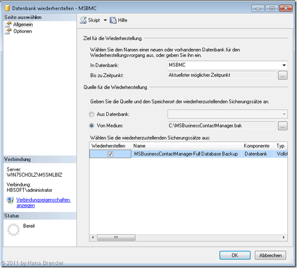 Wiederherstellen einer Datenbank im SQL Server 2008
