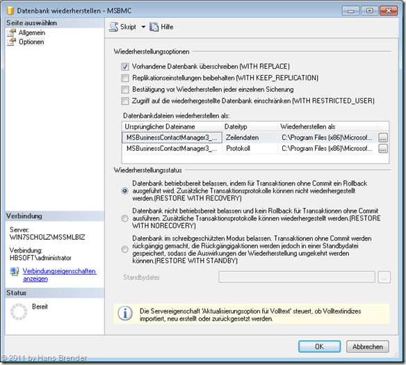 Wiederherstellen einer Datenbank im SQL Server 2008