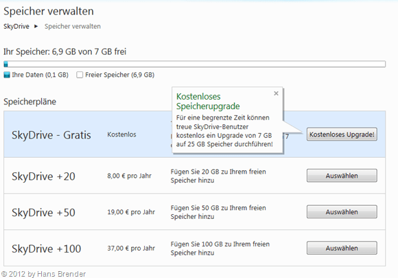 Zukauf Optionen für mehr Speicherplatz auf SkyDrive