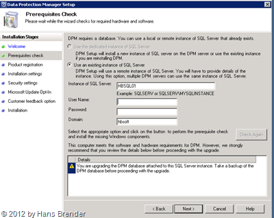 SC 2012 DPM: Fehlermeldung: SQLPrepInstaller nicht auf dem Remote SQL Server installiert.
