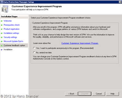 SC 2012 DPM: Microsoft customer experience program