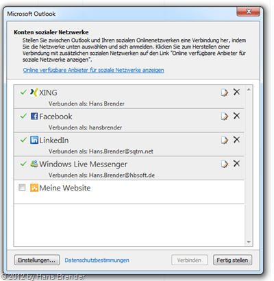 Konfiguration Konten sozialer Netzwerke