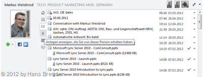 gefilterte Anzeige von Nachrichten einer  ausgewählten Person im Personenbereich von Outlook 2010