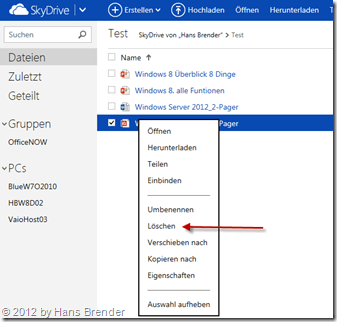 Löschen, Dateine, SkyDrive