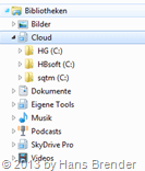 Windows 7 bibliothek with 3 SkyDrive accounts and their folders