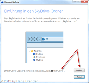Dialog zum Ändern des Datenpfades in SkyDrive
