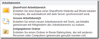 SharePoint Workspace 2010, Arbeitsbereich