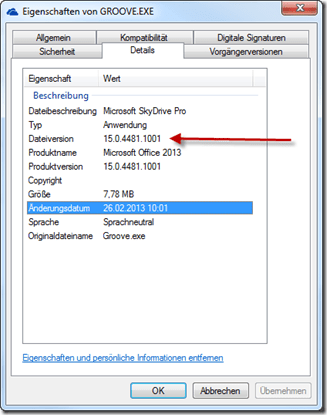Eigenschaften von SkyDrive Pro, Groove.exe