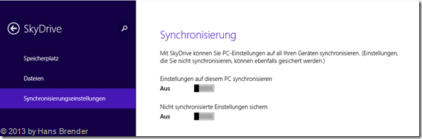 SkyDrive Einstellungen in Windows 8.1, Synchronisierungseinstellungen