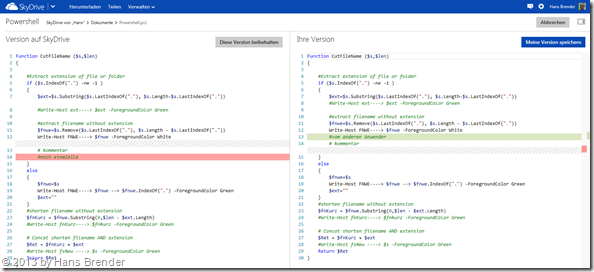 Versionsvergleich im HTML 5 Editor von SkyDrive.com