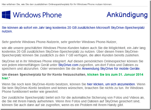 Die Mail an den Windows Phone Benutzer