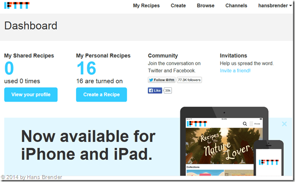 Das Dashborad von IFTTT