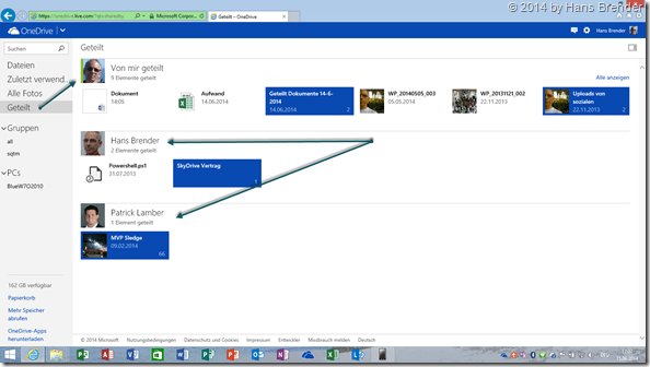 OneDrive im Web-Browser: Übersicht geteile Dateien und mit mir geteilte Dateien