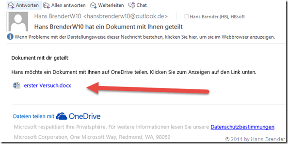 Windows Tecnical Preview- Build 9879: OneDrive: empfangene Mail mit Link
