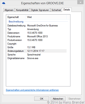 Eigenschaften Groove.exe: Version Dezember 2014, 15.0.4675.1000