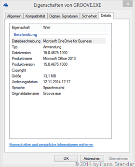 Eigenschaften Groove.exe Version Dezember 2014