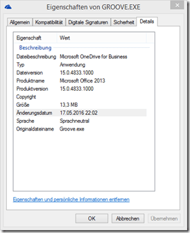 Eigenschaften, Groove.exe, Version, 15.0.4833.1000