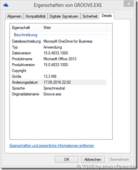 settings of the Groove.exe version 15.0.4833.1000