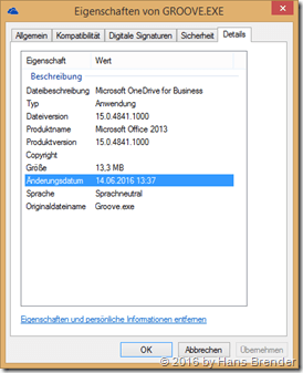 Eigenschaften der Groove.exe: 15.0.4841.1000