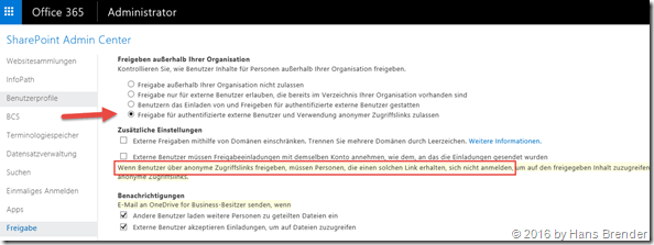 Office 365: Admin Center: SharePoint: Freigabe