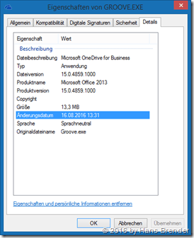 settings of Groove.exe 15.0.4859.1000 (Office 2013)