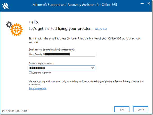 SARA: Eingabe der Credentials für Office 365