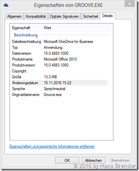Eigenschaften der Groove.exe Version 15.0.4883.1000