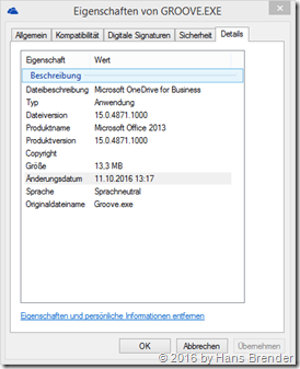 Settings of the Groove.exe Version 15.0.4871.1000