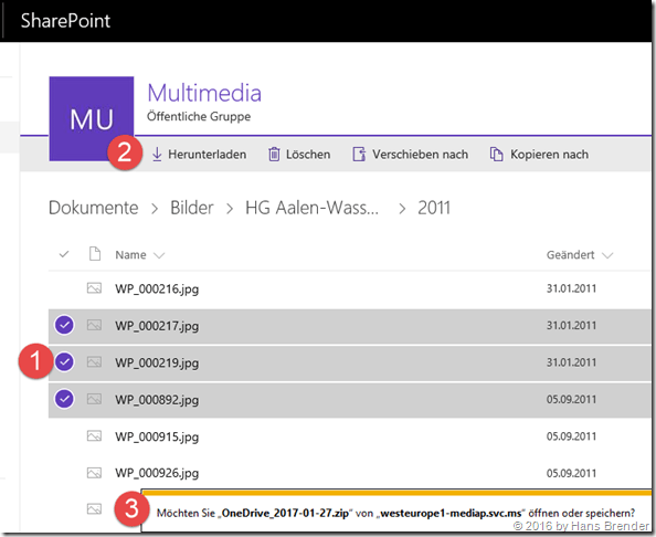 Markieren, Herunterlagen, gezippte Datei speichern