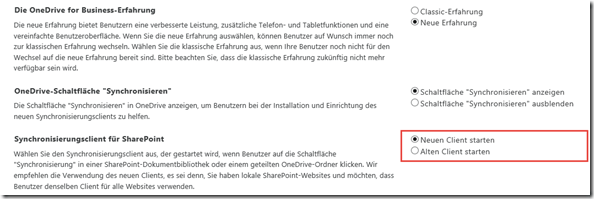 SharePoint Admin Center: neuen Sync-Client starten