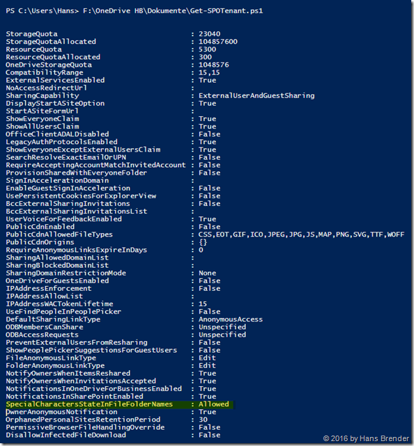 PowerShell; Function Get-SPOTenant; Ergebnisse