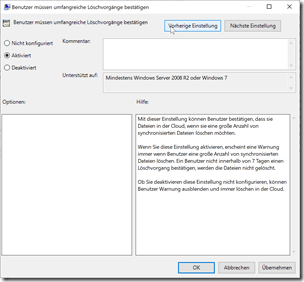 Gruppenrchtlinien für OneDrive: Benutzer müssen umfangreiche Löschvorgänge bestätigen