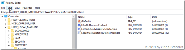 Regedit Einstellungen von OneDrive