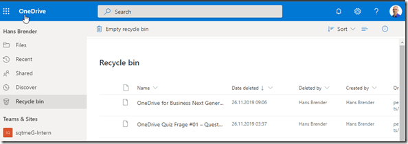 Der Papierkorb von OneDrive for Business
