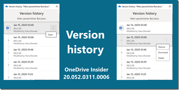 Version Historie im File Explorer mit OneDrive Version 20.052.0311.0006